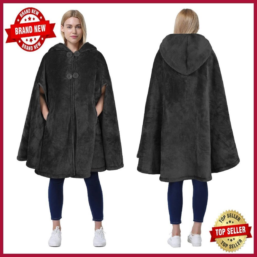 Oversized Sherpa Fleece Hooded Poncho Cape Wearable Blanket One Size